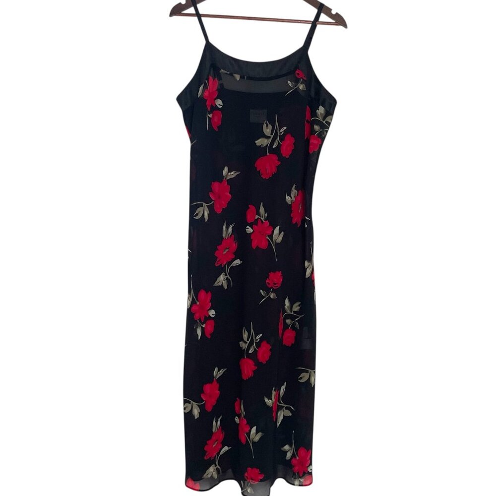 Vtg 90s Y2K Pasha Slip Maxi Dress L Black Red Floral Sheer Slits Romantic Goth